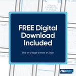 Promotional graphic for a digital download planner template, featuring a large dark blue central panel with white text reading 'FREE Digital Download Included' and 'Use on Google Sheets or Excel.' The background shows partially visible spreadsheet/planner pages, and the brand logo 'PEELAWAYS' appears in the bottom right corner.